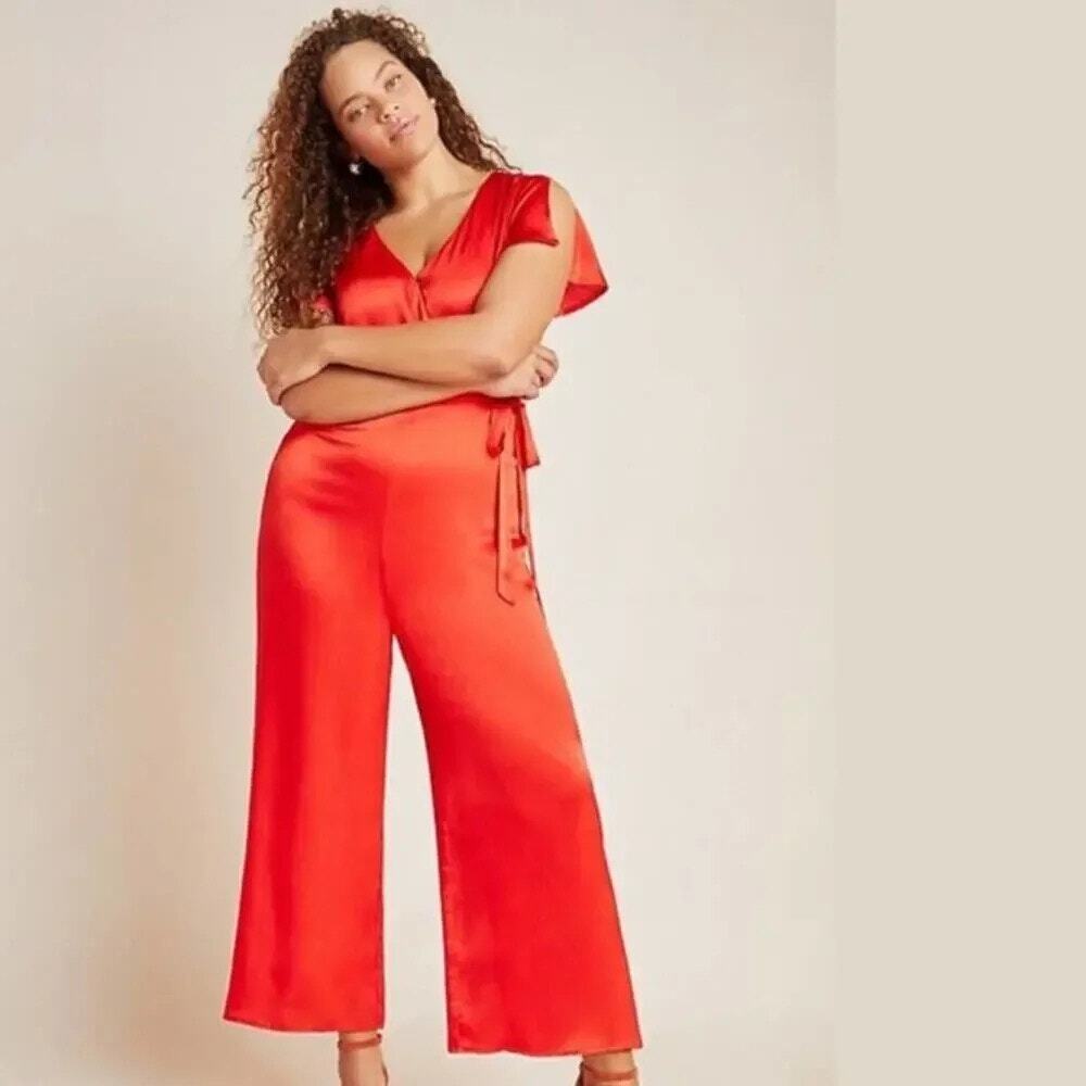 ANTHROPOLOGIE Maquelle Satin Flutter Sleeve Jumpsuit in Red Tie Waist Medium NWT